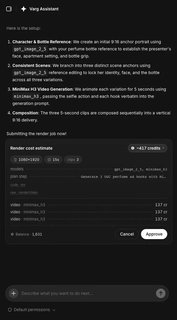 varg agent planning a UGC ad series and showing the render cost estimate before approval