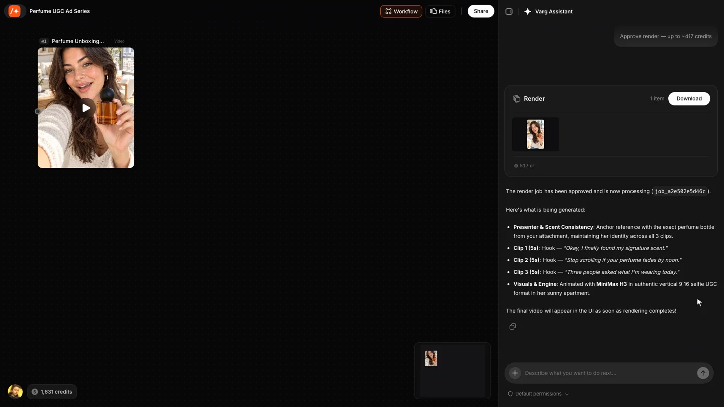 varg project canvas with a finished UGC video render next to the agent chat