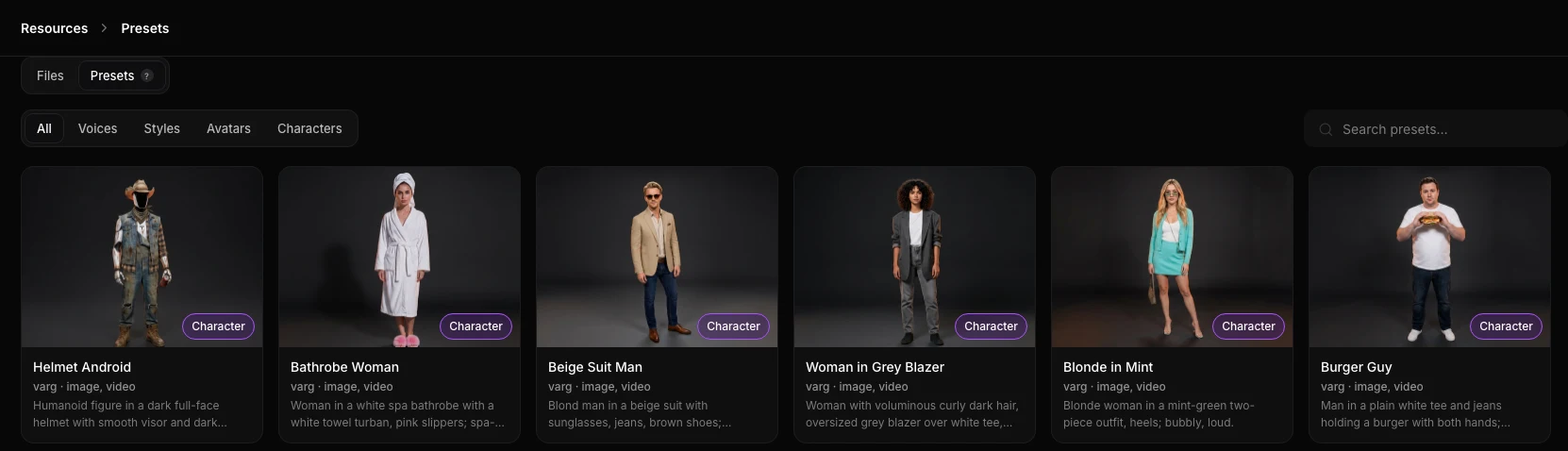 varg presets library with character presets: voices, styles, avatars and characters